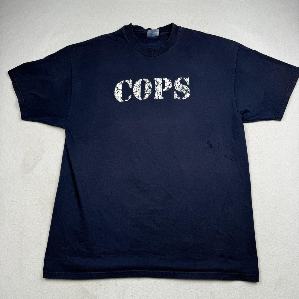 Vintage Hanes Cops Shirt Mens 2XL Blue Police TV Show Graphic Tee 90s Promo